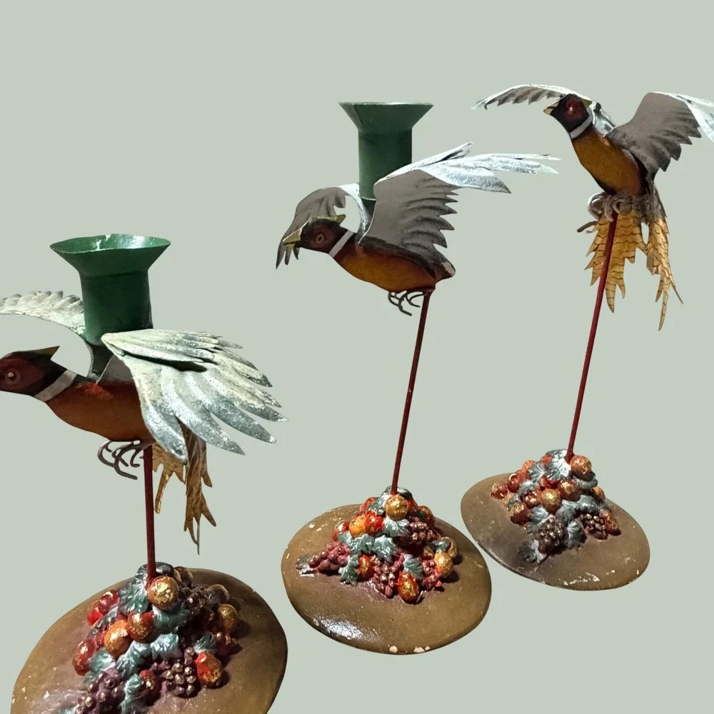 Silvestri Vintage Metal Pheasant Taper Candle Holder Set of 3 Flying Birds Decor